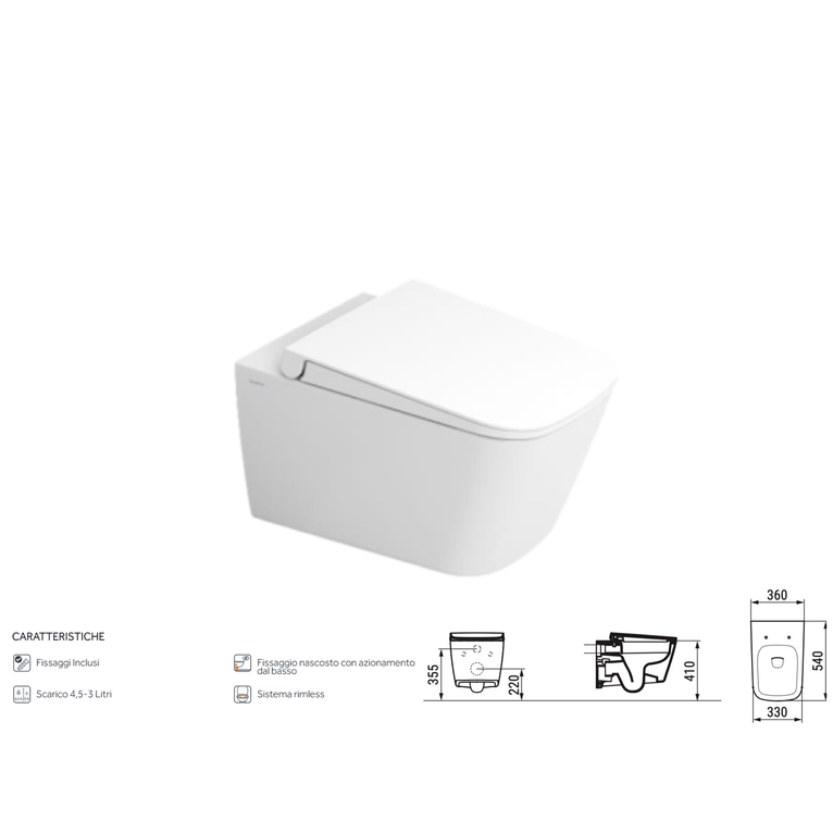 vaso sospeso mia 36x54 cm - sisteema rimless a scarico ridotto 4,5l