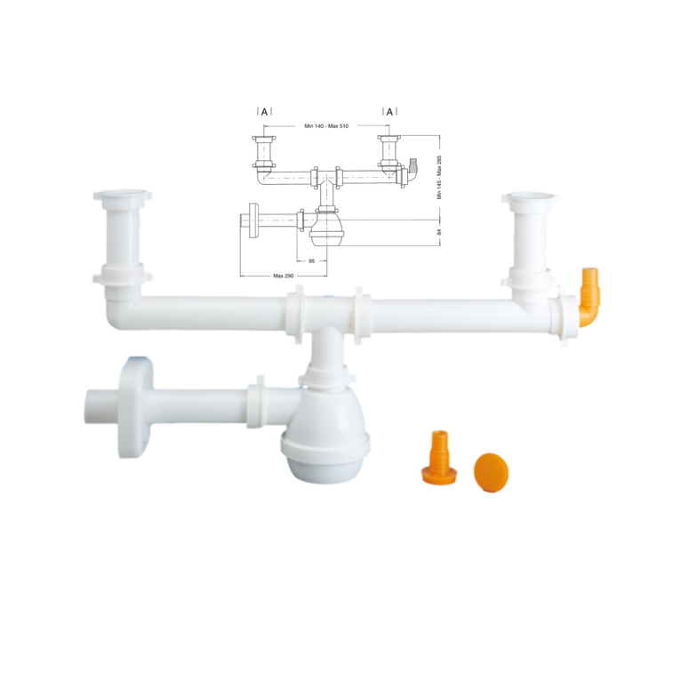 sifone lavello 1 1/2"  doppia vasca tipo m lira senza piletta con presa lavastoviglie 