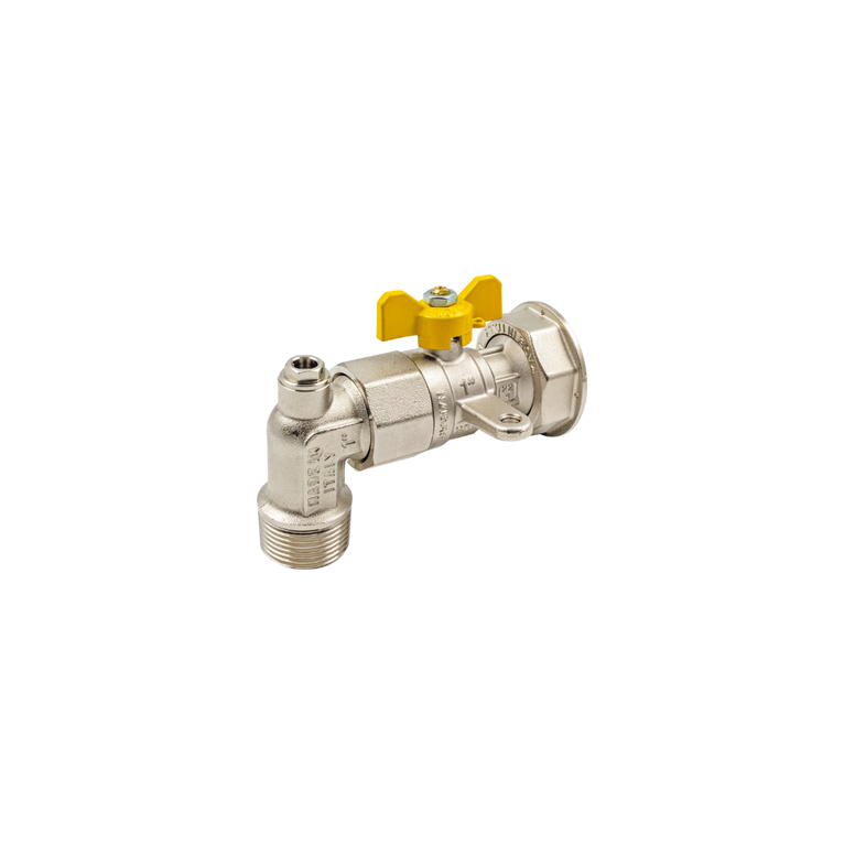 valvola a sfera tiemme diritta a passaggio totale con attacchi maschio su curva femmina girevole a 360° post contatore gas con presa di pressione diametro 3/4