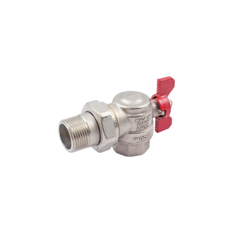 valvola a sfera tiemme a 90°a passaggio totale maschio-femmina per collettori con leva farfalla laterale e bocchettone con oring diametro 1/2